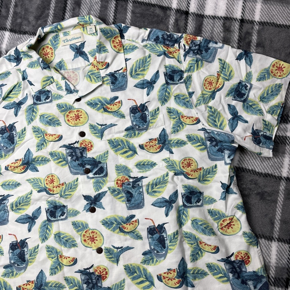 Caribbean Shirt Mens XXL Floral Hawaiian Poly Blend Button Lime Rum Cocktail AOP
